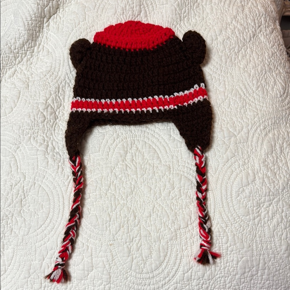 Toddler Brown and Red Knit Beanie with Ear Flaps